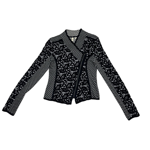 ⛵️Anthropology Moth Black and White Asymmetrical Moto zip Lace jacket size XS - Picture 2 of 13